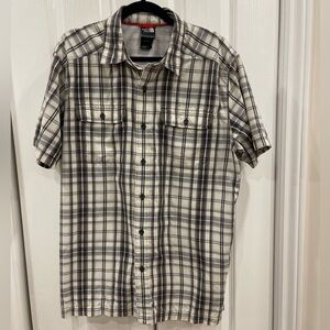 The North Face Men Button Up Shirt Large Gray Plaid Short Sleeve Pockets Collar